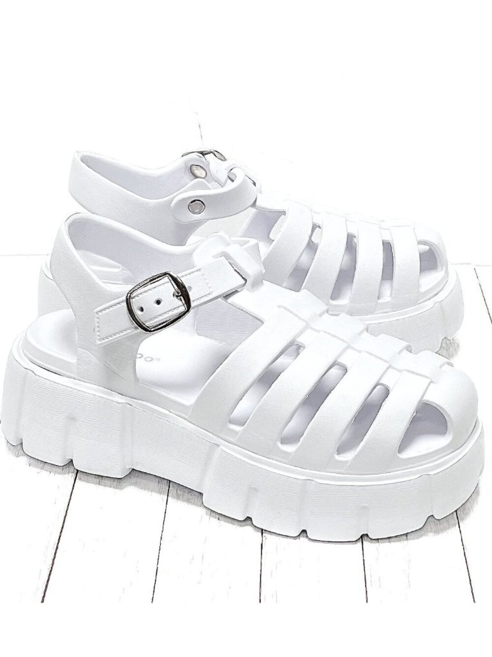 New White Round Toe Caged Platform Sandals